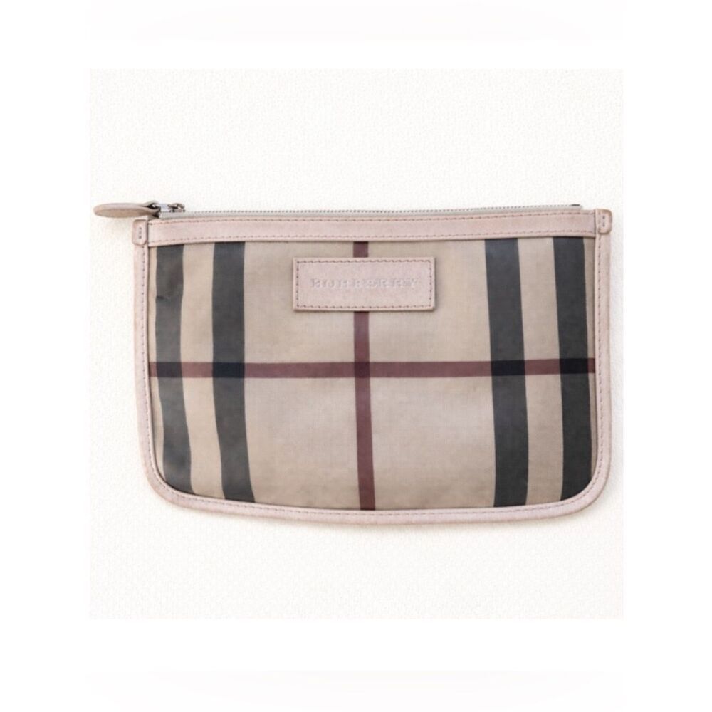Burberry Check Canvas Zip Pouch with Leather Trim
